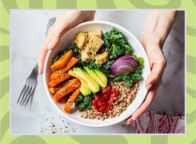 woman holding bowl vegetables potatoes avocado kale